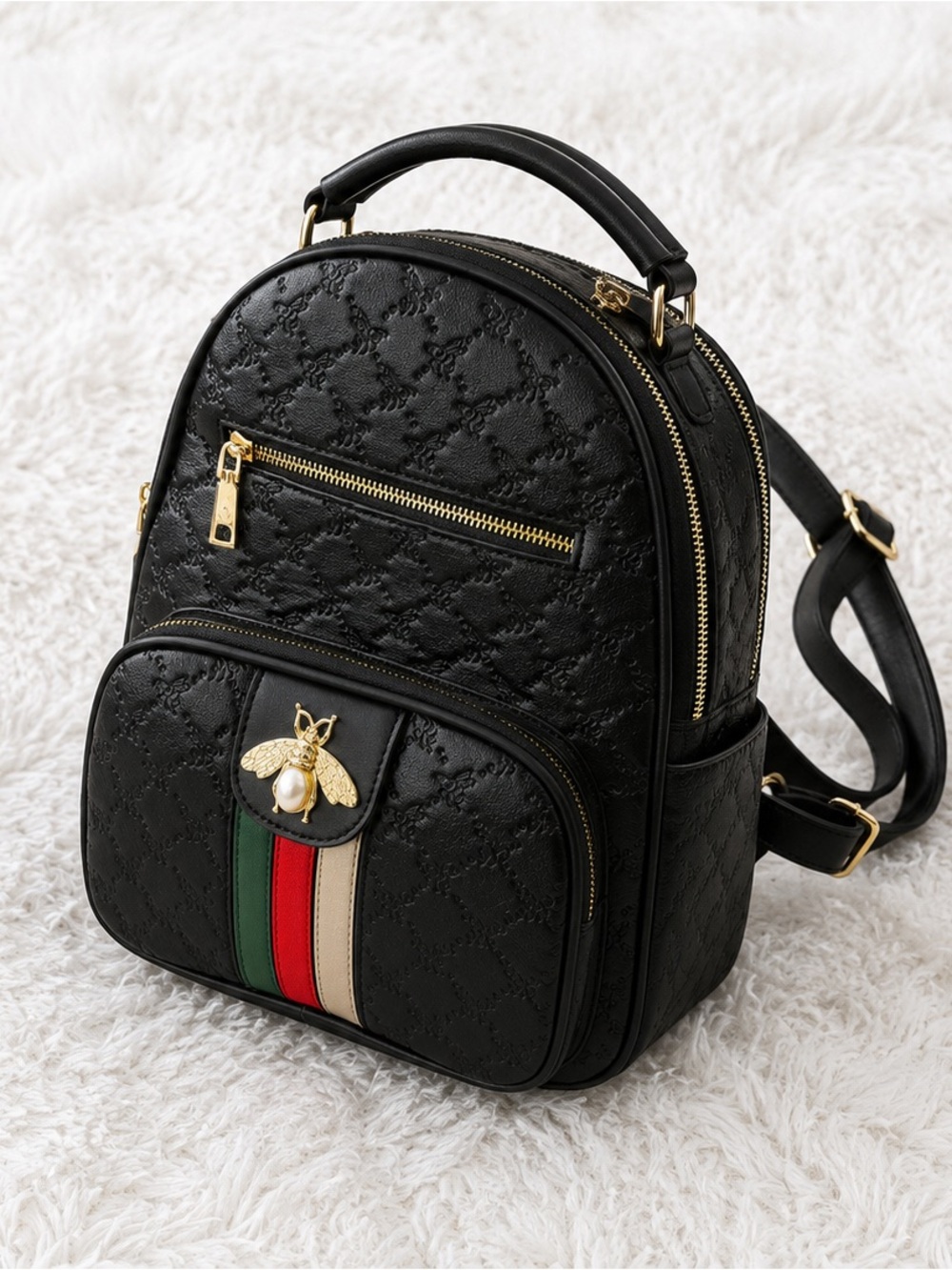 Black Quilted Bee Accent Mini Backpack